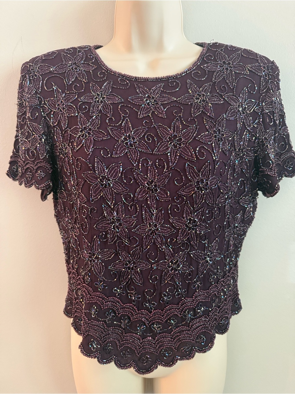 Adrianna Papell Vintage Beaded Plum Floral Short-Sleeve Top